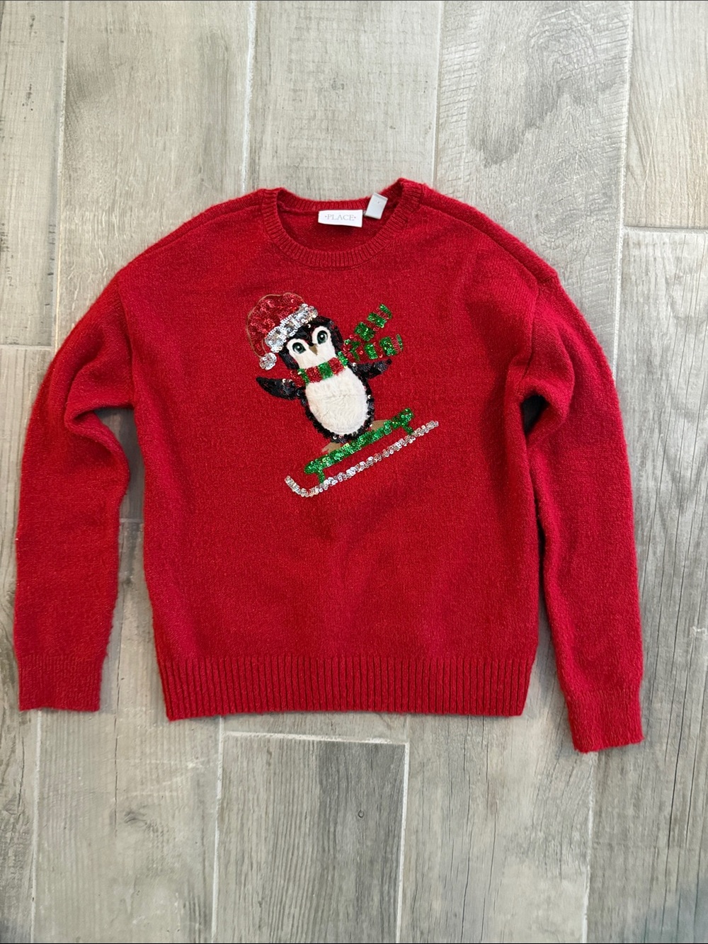 Place Red Sequin Penguin Knit Sweater